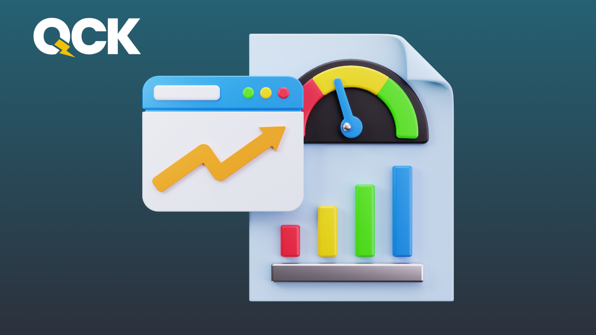 3D icons showing traffic growth, performance gauge, and bar chart metrics