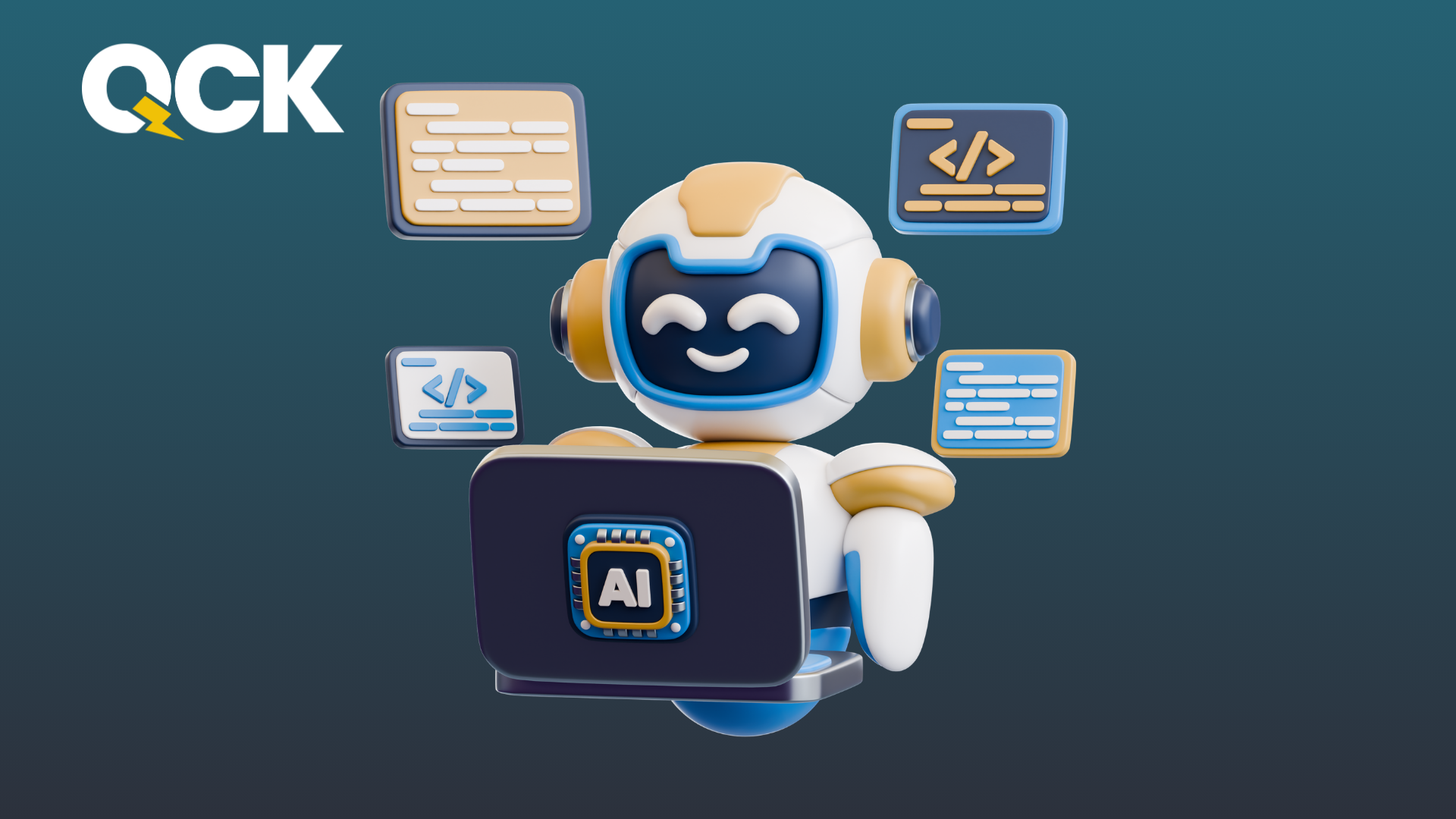 AI robot with laptop representing AI brand monitoring tracking