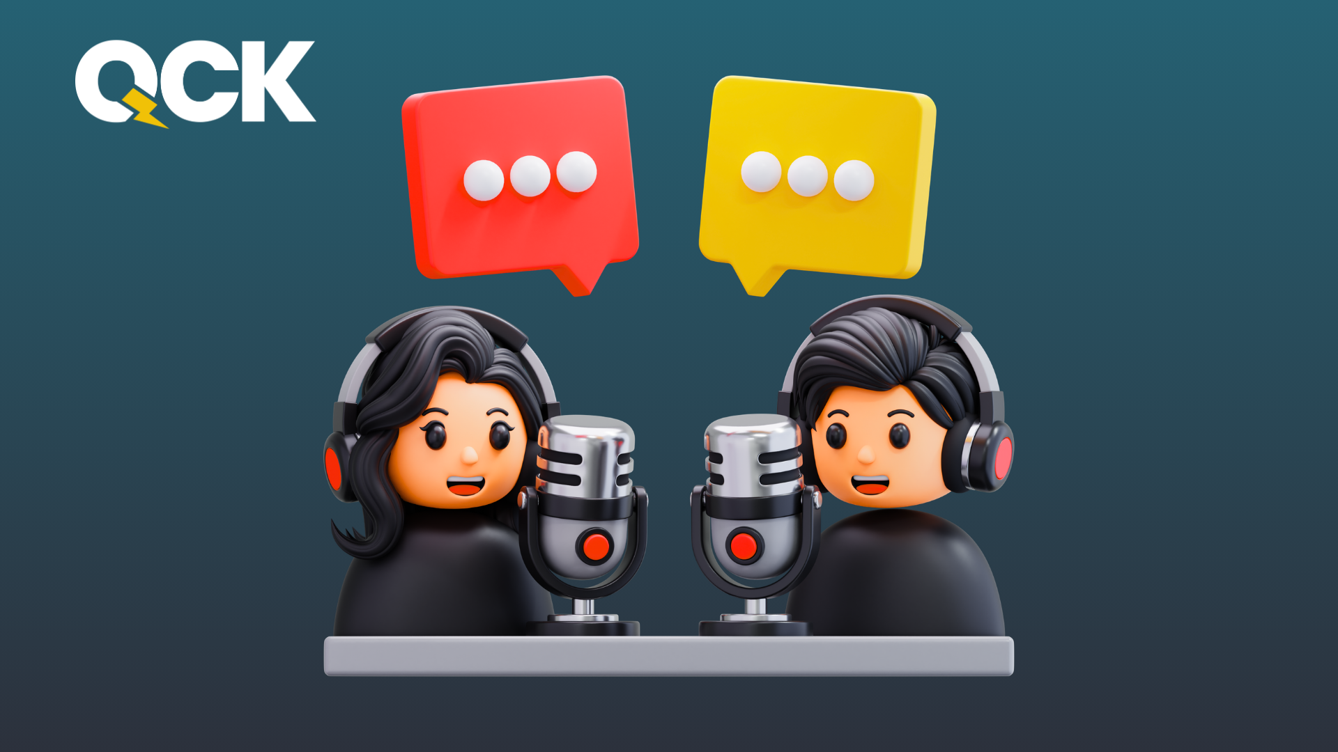 Animated podcasters wearing headphones with speech bubbles representing podcast conversation