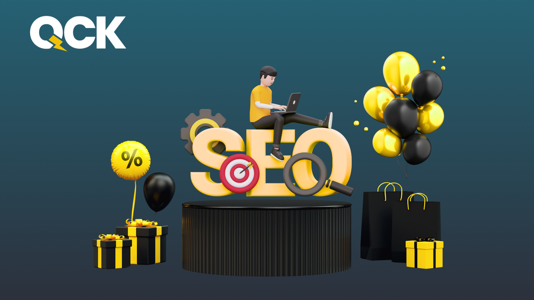 Black Friday SEO deals concept with discount balloon and shopping elements