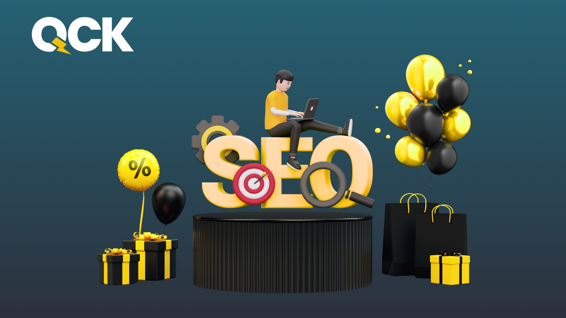 Black Friday SEO deals concept with discount balloon and shopping elements