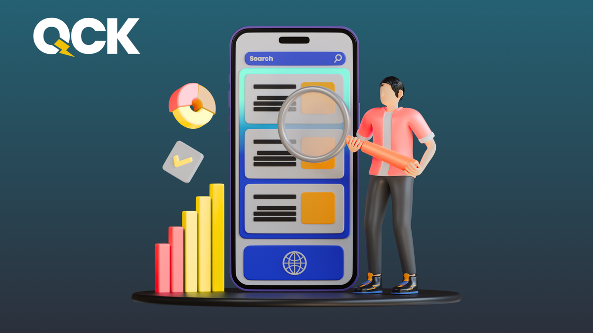 Faceted navigation SEO illustration with person inspecting filtered product listings on phone