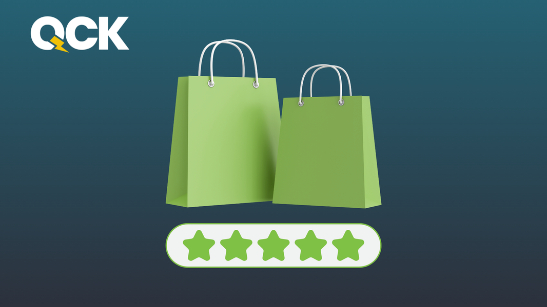 Green shopping bags and five star rating illustrating Shopify SEO success