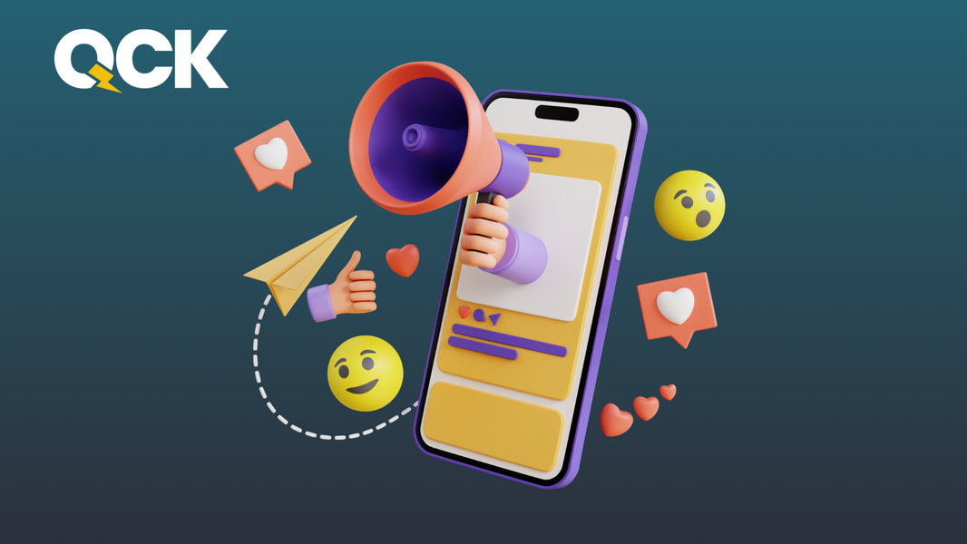 Hand holding a megaphone through a smartphone screen surrounded by social media icons, representing TikTok SEO.