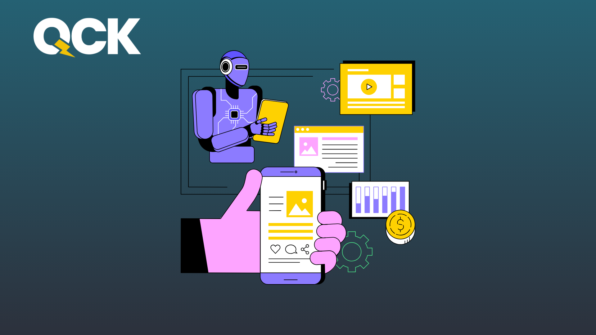 Illustration of a robot managing digital content alongside icons for video_ webpage_ and analytics_ representing an AI content strategy_ with the QCK logo