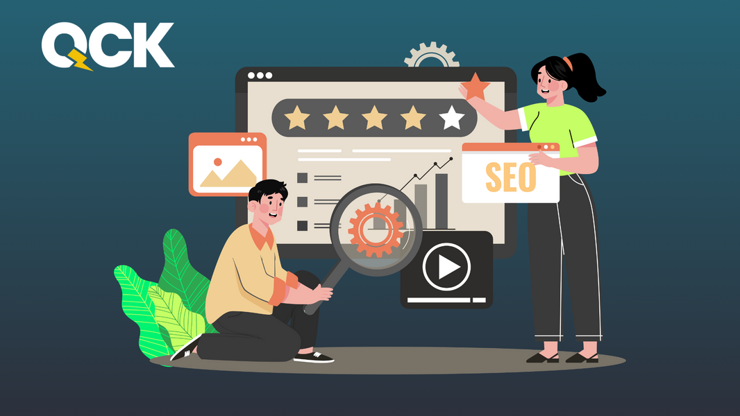 Illustration of video SEO ranking analysis with star ratings and search icons.