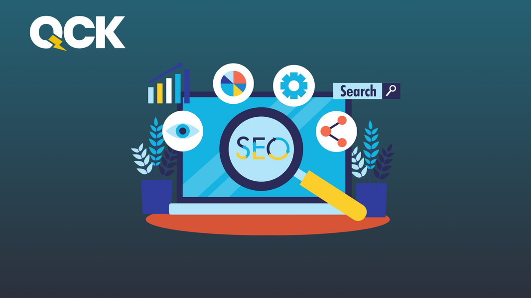 Laptop screen with SEO magnifying glass and analytics icons, QCK blog featured image.