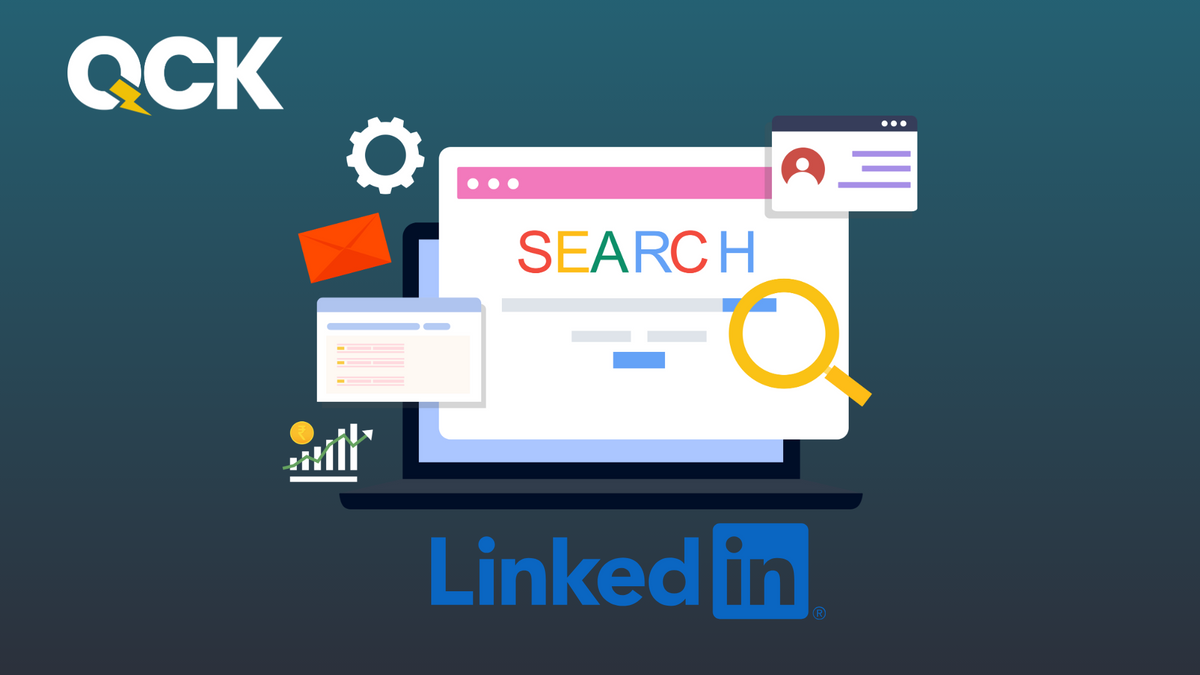LinkedIn SEO illustration with search bar, browser windows, and growth chart icons.
