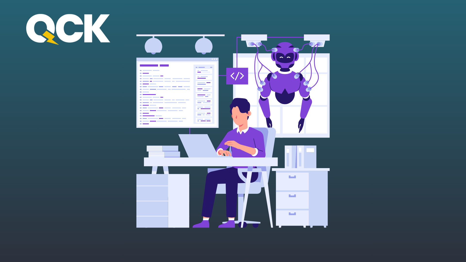 Marketer at a desk with a search results screen and an AI robot_ representing multilingual SEO