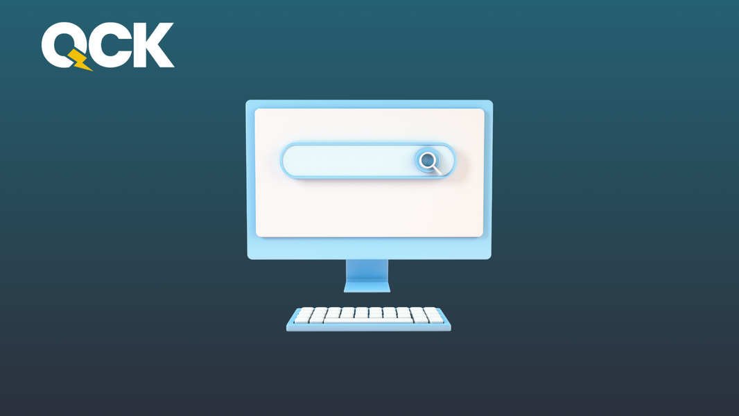 QCK graphic of a search bar representing title tag optimization for Shopify brands.