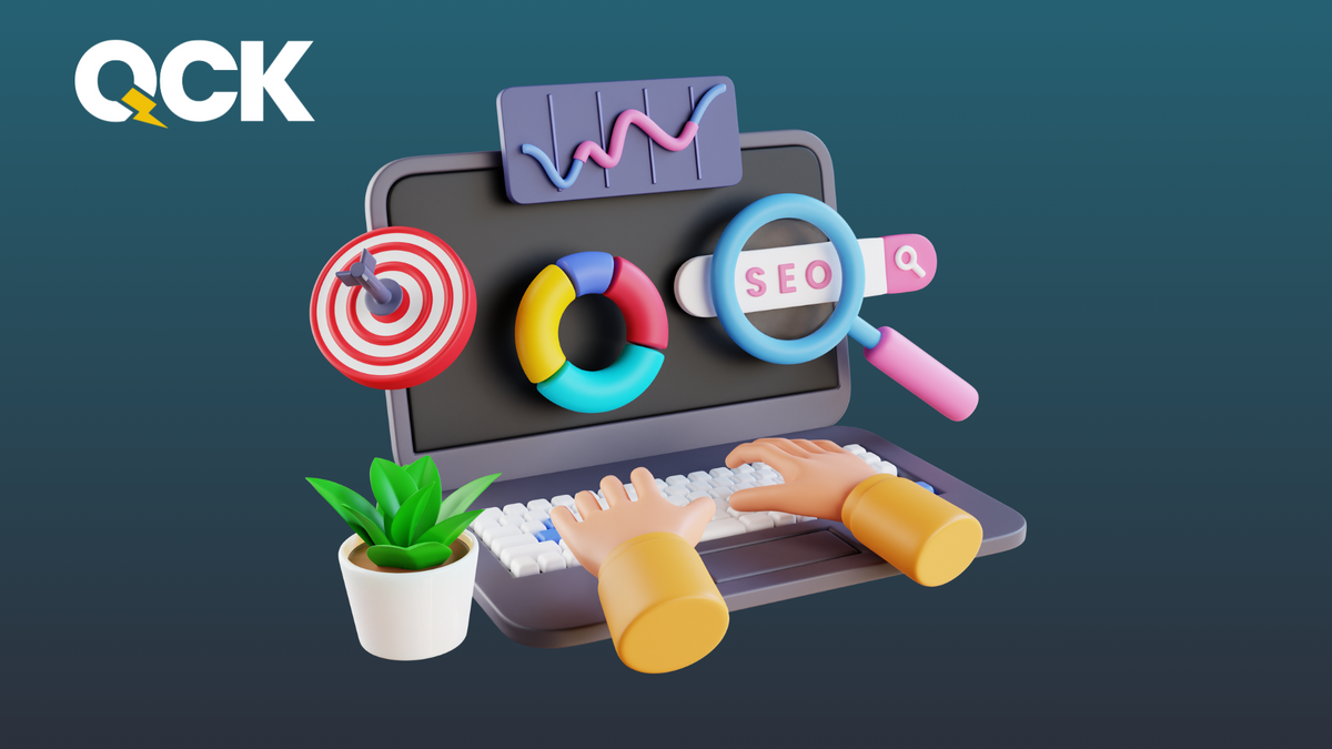 SEO traffic forecasting concept with charts, target, and search icons