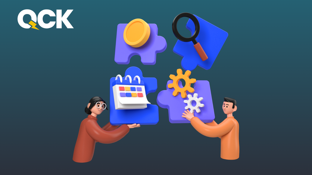 Two people connecting puzzle pieces representing brand content strategy planning